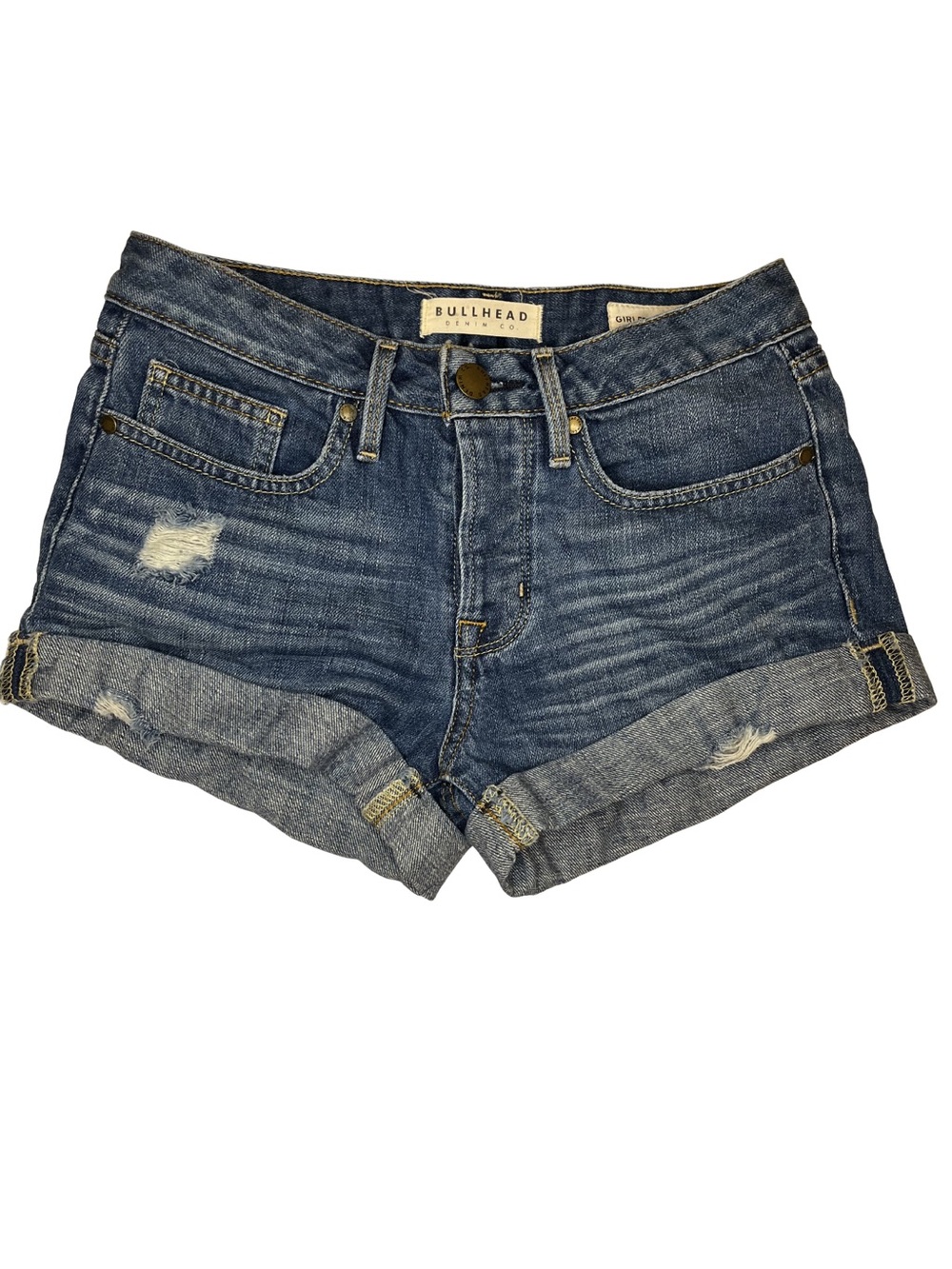 Bullhead Blue Rolled Hem Distressed Girlfriend Jean Shorts